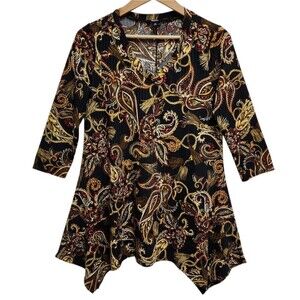 Tacera Tunic Top Womens M Black Gold Paisley V Neck 3/4 Slv Shark Bite Stretchy